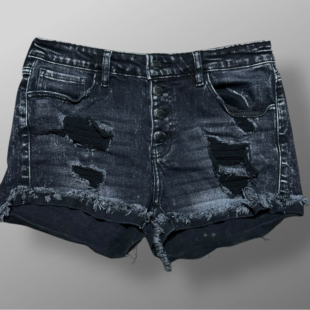 Kancan Signature Mid Rise Black Distressed Denim Shorts Sz 29 Raw Hem Stretch